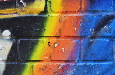 Close up of damaged colorful urban wall texture. Background modern wall painting