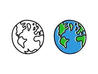 Planet Earth vector illustration. World Globe icon, simple monochrome doodle and blue and green cartoon version.