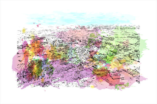 Building view with landmark of Ahmednagar is a city in Ahmednagar district in the state of Maharashtra. Watercolor splash with Hand drawn sketch illustration in vector.