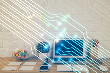 Multi exposure of desktop with personal computer and tech theme drawing. Concept of Bigdata.