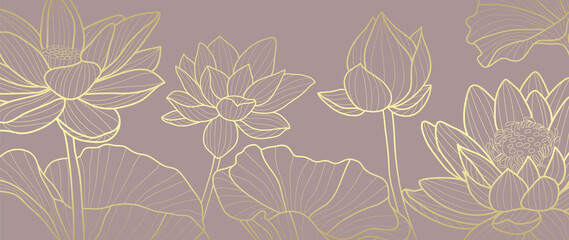 Luxury wallpaper design with Golden lotus and natural background. Lotus line arts design for fabric, prints and background texture, Vector illustration.