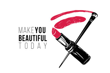 Simple greeting card with lipstick smear and brush. Professional makeup artist background. Black fashion illustration on white background. Hand drawn art in watercolor style
