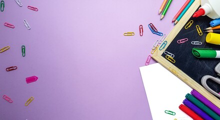 Fototapeta Chalkboard, colored pencils on a purple background. Back to school. obraz