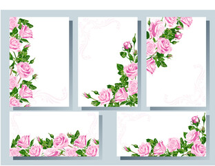 Set of templates for cards, flyers, invitation with pink flowers of roses and leaves.