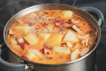 stewed potatoes with meat in a pot close-up, selective focus, tinted image