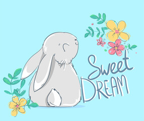 Hand Drawn Cute Bunny and flowers. Print design rabbit. Children Print on t-shirt. Vector