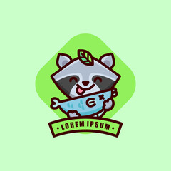 CUTE RACCOON BRING BLUE FISH CARTOON LOGO