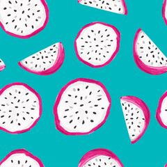 Hand Drawn Pitaya Fruit Vector Illustration. Seamless pattern Red Dragon Fruit background. Trend print for summer textiles. Fashionable pattern.