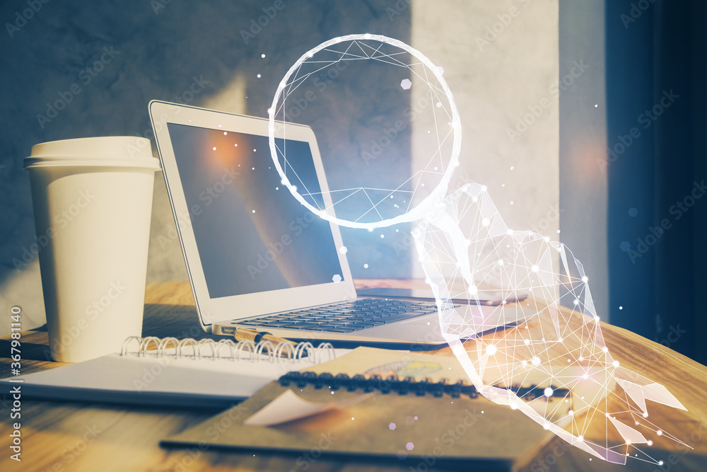 Poster Desktop computer background in office and start up theme hologram drawing. Double exposure. Startup concept.