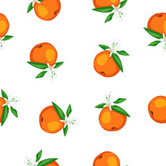 Seamless pattern blooming orange Fruits with leaves and flowers Vector illustration. Trend Fruit Print for textiles.