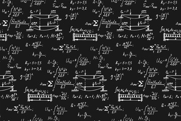 Physical seamless pattern with the equations, figures, schemes, plots and other calculations. Handwritten vector Illustration.
