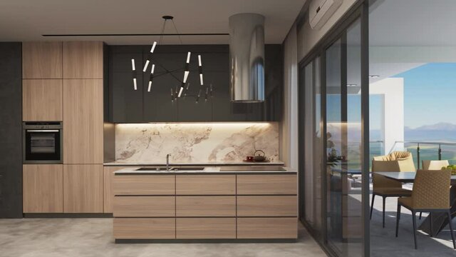 3D-Illustration. Camera flight through  the apartment with a terrace and a view of the open horizon