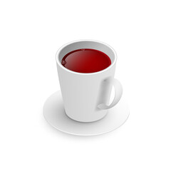 Realistic 3d cup of hot aromatic freshly brewed drink black tea. A teacup isometric view isolated on white background. Vector illustration for web, design, menu, app