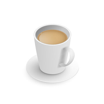 Realistic 3d cup of hot aromatic freshly brewed Indian Masala black tea with milk. A teacup with saucer isometric view isolated on white background. Vector illustration for web, design, menu, app