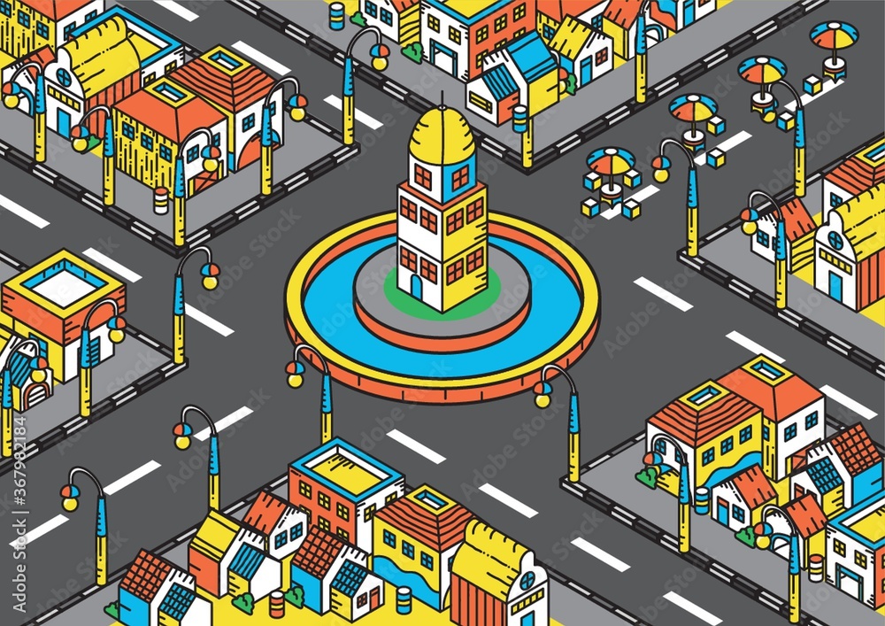 Poster isometric of buildings in a town