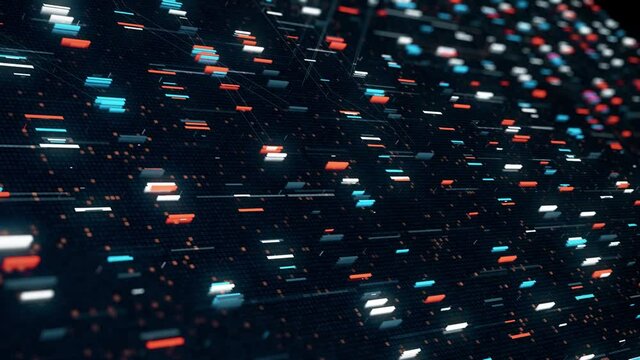 Abstract pixel pattern on black background, seamless loop. Animation. 3D mosaic and square shaped texture with flowing colorful horizontal stripes in space.