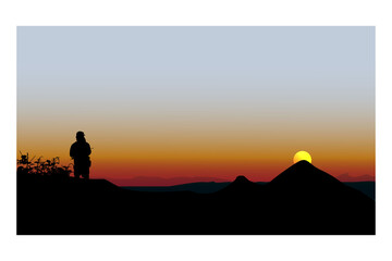 Fototapeta premium Panorama of mountains with silhoute man, wilderness, valley at sunset or sunrise. Natural vector background, landscape with mountains and sun