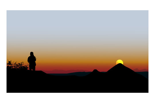 Panorama of mountains with silhoute man,  wilderness, valley at sunset or sunrise. Natural vector background, landscape with mountains and sun