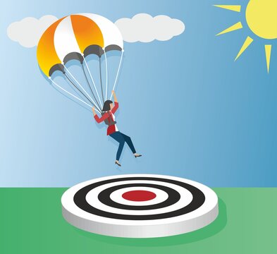 Jump to reach success. Brave woman jumping to big target, goal. Vector illustration.