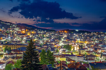 Fototapeta na wymiar Night view of a city of Krushevo in cental North Macedonia, Balkans