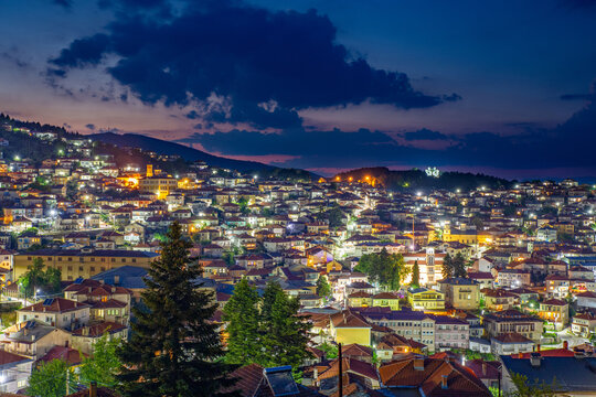 Night view of a city of Krushevo in cental North Macedonia, Balkans