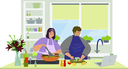 Cooking Video Tutorials at home flat vector illustration. A guy and a girl, a man and a woman cook at home by a video tutorial. Quarantine isolation during a virus, coronavirus concept.