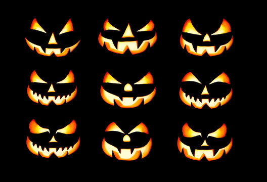 Nine lit evil halloween lantern faces, Jack O Lantern, with glowing eyes isolated against a black background ready for to be used on nighttime pumpkins.