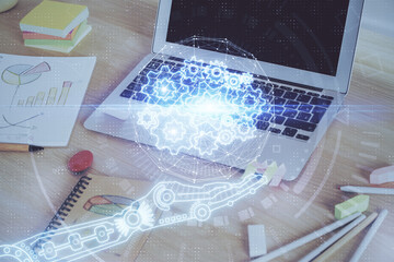 Double exposure of computer and technology theme hud. Concept of innovation.