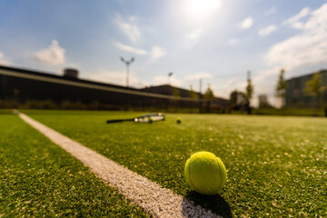 View of empty lawn tennis court with tennis ball