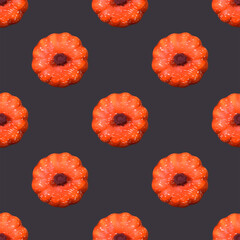 Seasonal Halloween seamless pattern with orange pumpkins repeating on dark black background