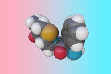 Molecular structure of cephalexin. Atoms are represented as spheres with color coding: carbon (grey), oxygen (red), nitrogen (blue), hydrogen (white), sulfur (yellow). 3d illustration