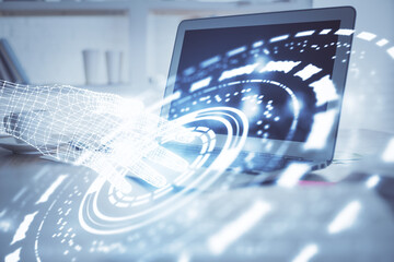 Double exposure of computer and technology theme drawing. Concept of innovation.