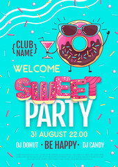 Disco party poster with colorful sweet donuts. Junk fast food background