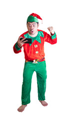 Asian men dressed as clowns He is using a smartphone to shopping online. He is happy to have a product that is pleasing and cheap. On white background and clipping path.