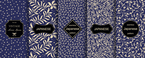 Set of 5 patterns in japanese style. Vector collection of vintage floral backgrounds.