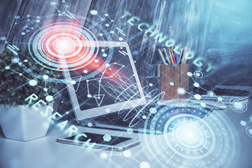 Multi exposure of computer on background and technology theme drawing. Concept of innovation.