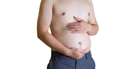 The young man has a fat belly. Have a lot of belly fat Which is not good for his health Causing disease to him. On White background and clipping path.
