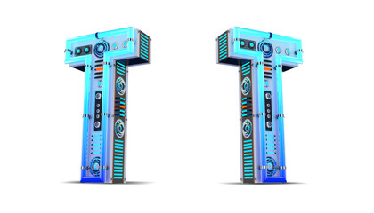 Blue neon light 3d alphabet illustration with clipping paths.