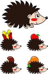 Character set, cute cartoon hedgehog with large needles smiles and carries an apple, pear and mushroom, vector illustration