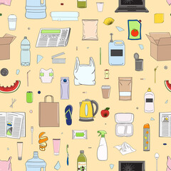 Seamless pattern of colorful garbage. Recycle concept.