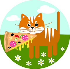 funny red cat with pieсe of pizza