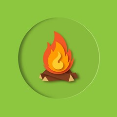Flat bonfire in red, orange, yellow colours with wood on green background. Campfire, fireplace, flames, sparks. Paper cut out art digital craft style. Vector illustration