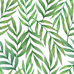Seamless tropical pattern with watercolor hand drawn palm leaves and branches isolated on white background. Botanical illustration for textile design, print, fabric, wallpaper