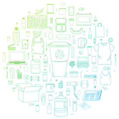 Set of sorted garbage in circle. Waste management