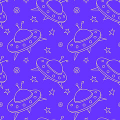 Seamless childish pattern with Flying Saucers, UFO. Vector background and texture for fabric, wrapping, wallpaper, textile, apparel, cover