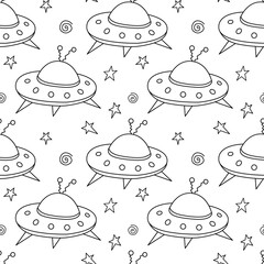 Seamless childish pattern with Flying Saucers, UFO. Vector background and texture for fabric, wrapping, wallpaper, textile, apparel, cover, coloring book