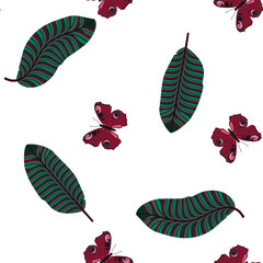 Beautiful tropical leaves and butterflies on white background.