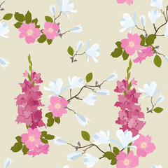 Seamless vector illustration with flowers of wild rose, magnolia and gladiolus