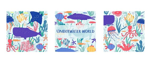 Underwater world fish, jellyfish, octopus, clownfish, seaplants and corals, set with marine animals for print, textile, wallpaper, nursery decor, prints, childish background. Vector