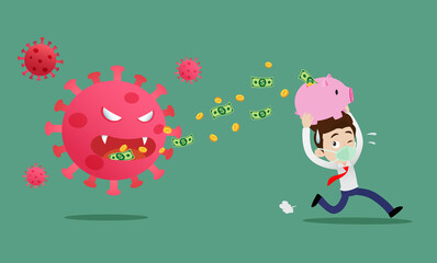Businessman holding piggy bank running away from COVID-19 Coronavirus, Stock market panic sell from novel Corona virus